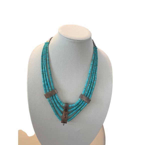 Arizona turquoise & silver navajo 4 string necklace - Picture 7 of 9